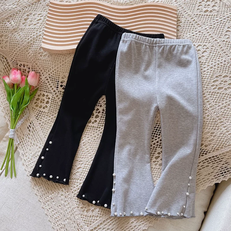 

WLG Kids Girls Boot Cut Pants Spring Fall Gray Black Pears Solid Pant Baby Girl Casual Trousers for 2-7 Years