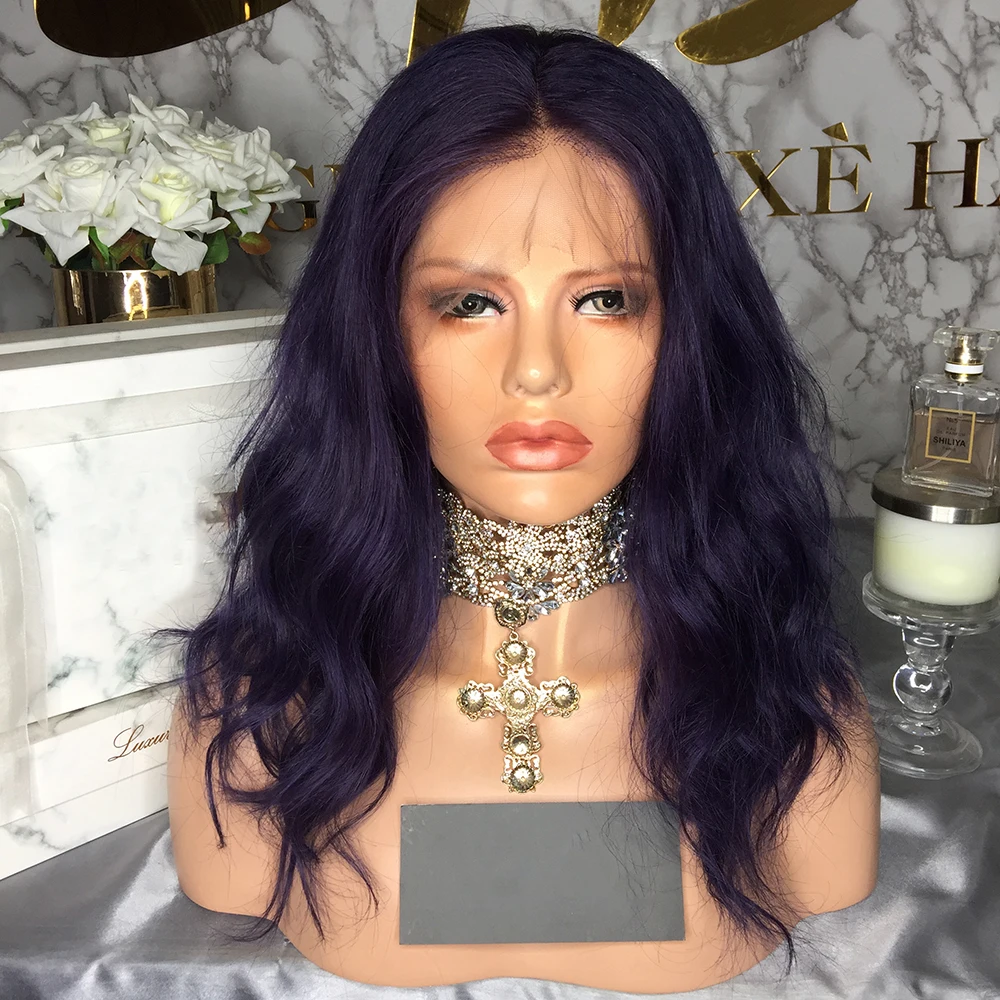 JRX волосы длинные натуральные волны темно фиолетовый цвет кружева передние