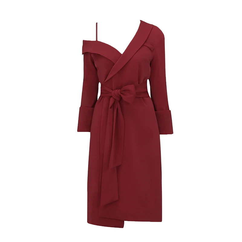 Женское асимметричное платье макси Spri красное офисное миди с длинными рукавами и