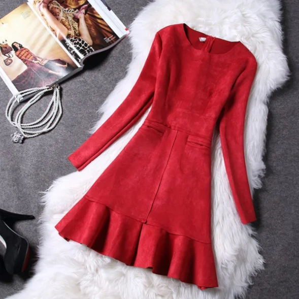 Женское облегающее Замшевое платье элегантное рождественское с длинным рукавом