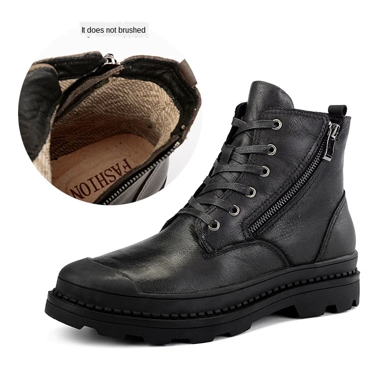 boots non-slip breathable men's shoes  Spring/Winter Warm Plush Boots Handmade Cowhide Split Leather Outdoor Sneakers