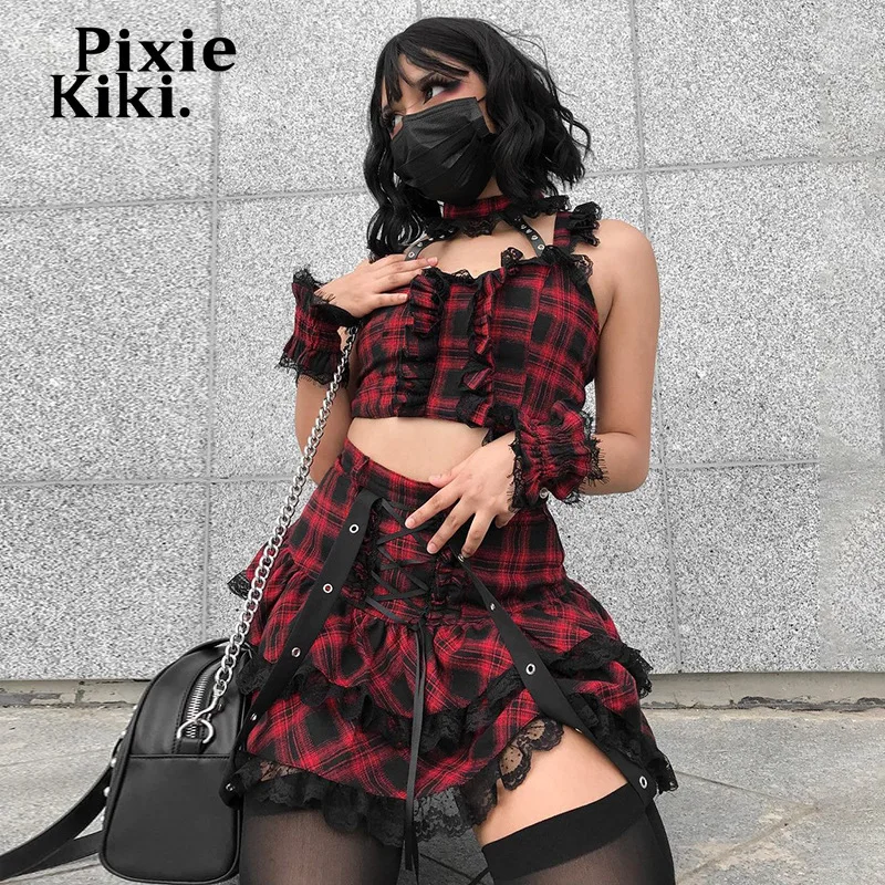 

Женский комплект из двух предметов PixieKiki, готическое Платье темного академического стиля с кружевной отделкой, клетчатая мини-юбка и коротк...
