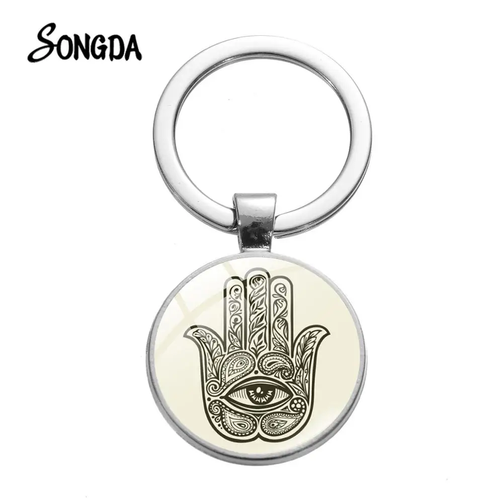 Vintage Fatima Hand Metal Keychain Punk Evil Eye Hamsa Hexagram Picture Glass Cabochon Pendant Car Keyring Bag Key Holder | Украшения и