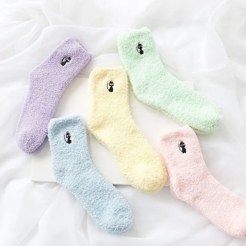 Осенне зимние новые утепленные женские носки с вышивкой кота и оленя милые