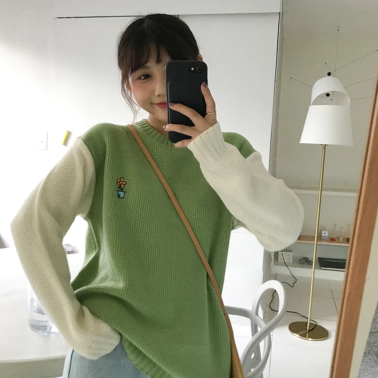 REALEFT/осенне-зимние теплые женские свитера с круглым вырезом и вышивкой пуловер в