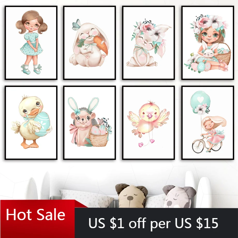 Пасхальные яйца кролик утенок девочка цветы скандинавские принты настенная