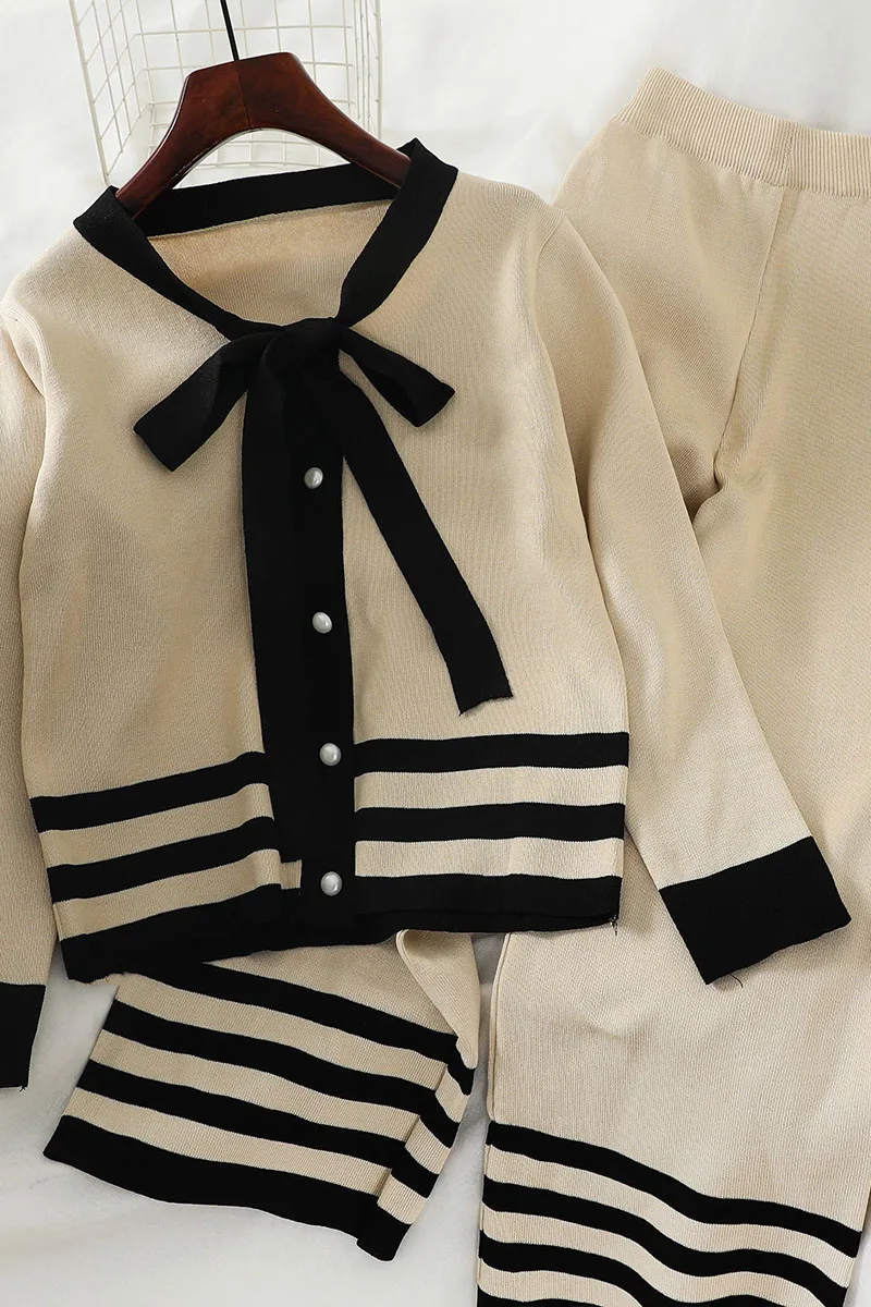 

Elegant Lace Up Bow Knit Knit Pants 2 Piece High Waist Wide Leg Long Pants Two Piece Suit Lady Single Breasted Elastic Waist