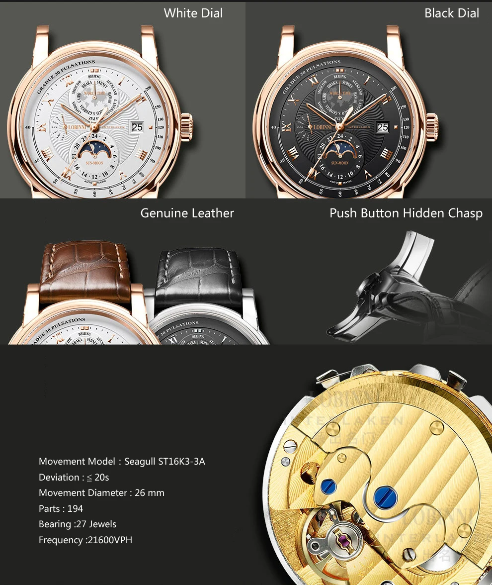 LOBINNI мужской роскошный бренд часов Moon Phase авто механические мужские наручные часы сапфир кожа мировое время relogio часы L16003-2