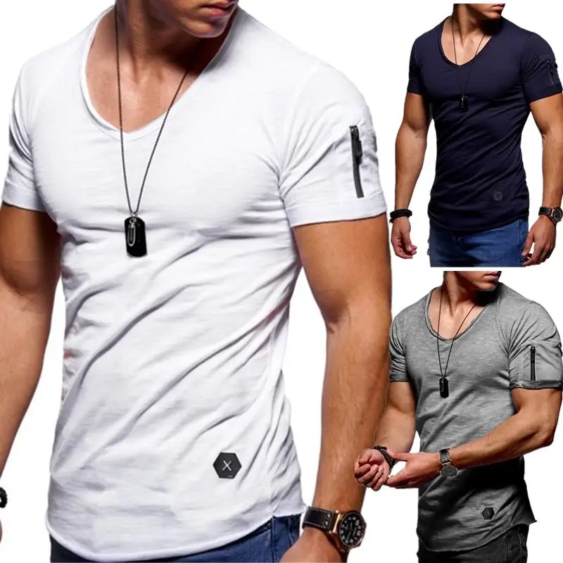 

Slim fit Men's V Collar T Shirt Fitness Bodybulding T Shirts Hip Hop High Street Summer Short Sleeve Zipper Sleeve T-Shirts Tops