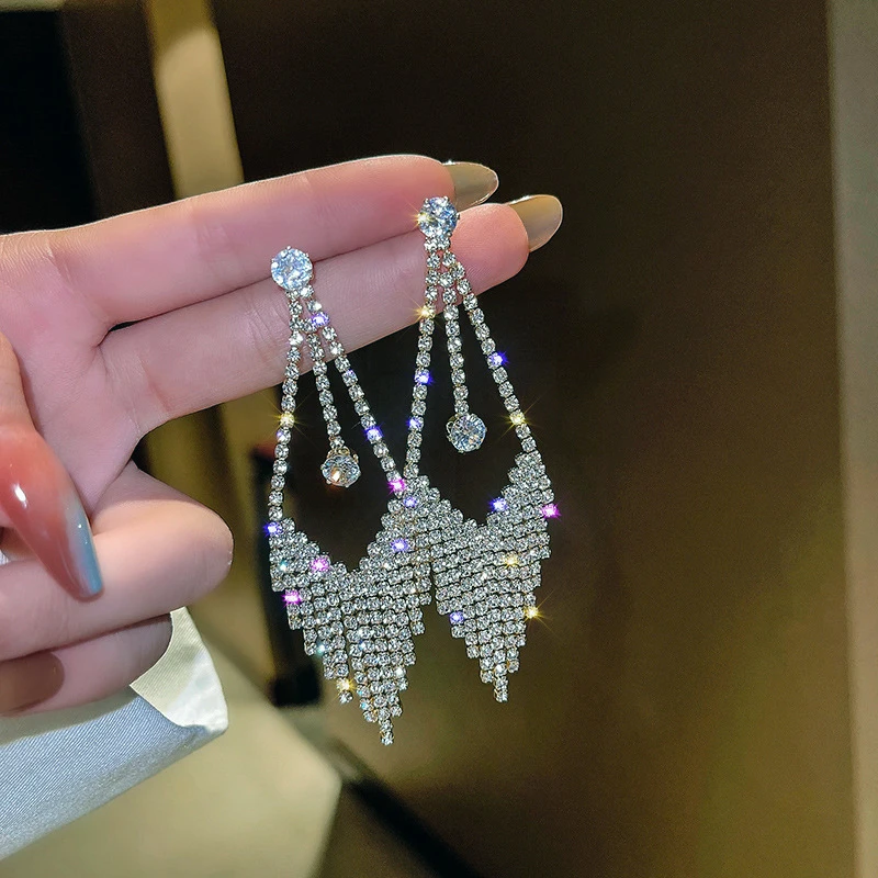 

925 Silver Needle Korean Full Diamond Zircon Micro Inlaid Long Tassel Earrings Exaggerated Geometric Shape Ear Studs