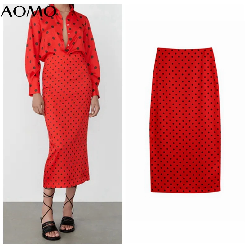 

AOMO 2021 New Women Red Dots Pencil Midi Skirt Vintage Zipper Ladies Chic Mid Calf Skirts BE480A