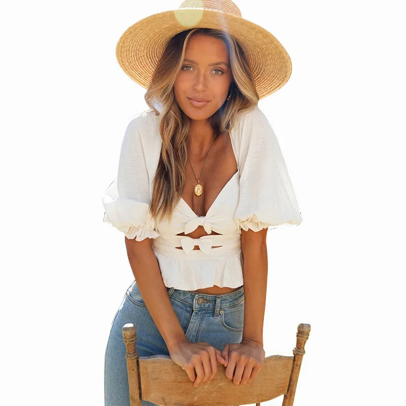

ZOGAA 2020 Summer Sexy V-neck Backless T-shirt Solid Lantern Sleeves Lace Top Tees Womens Tops and Blouses Womens Clothes