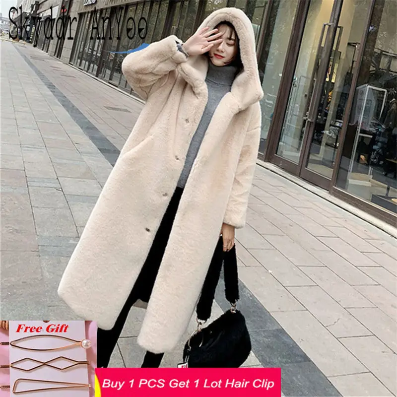 Winter Women Faux Rabbit Fur Coat Hooded Luxury Long Fur Coat Thick Warm Fluffy Jacket Plus Size Femme Plush OverCoat Teddy Coat