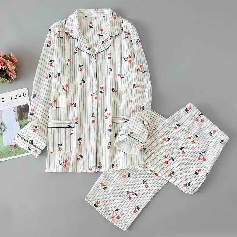 

Ladies Pajamas Set 100% Gauze Cotton Cartoon Dog Printed Pyjamas Women 2Pcs Turn-down Neck Shirt+Pants Comfort Nature Sleepwear