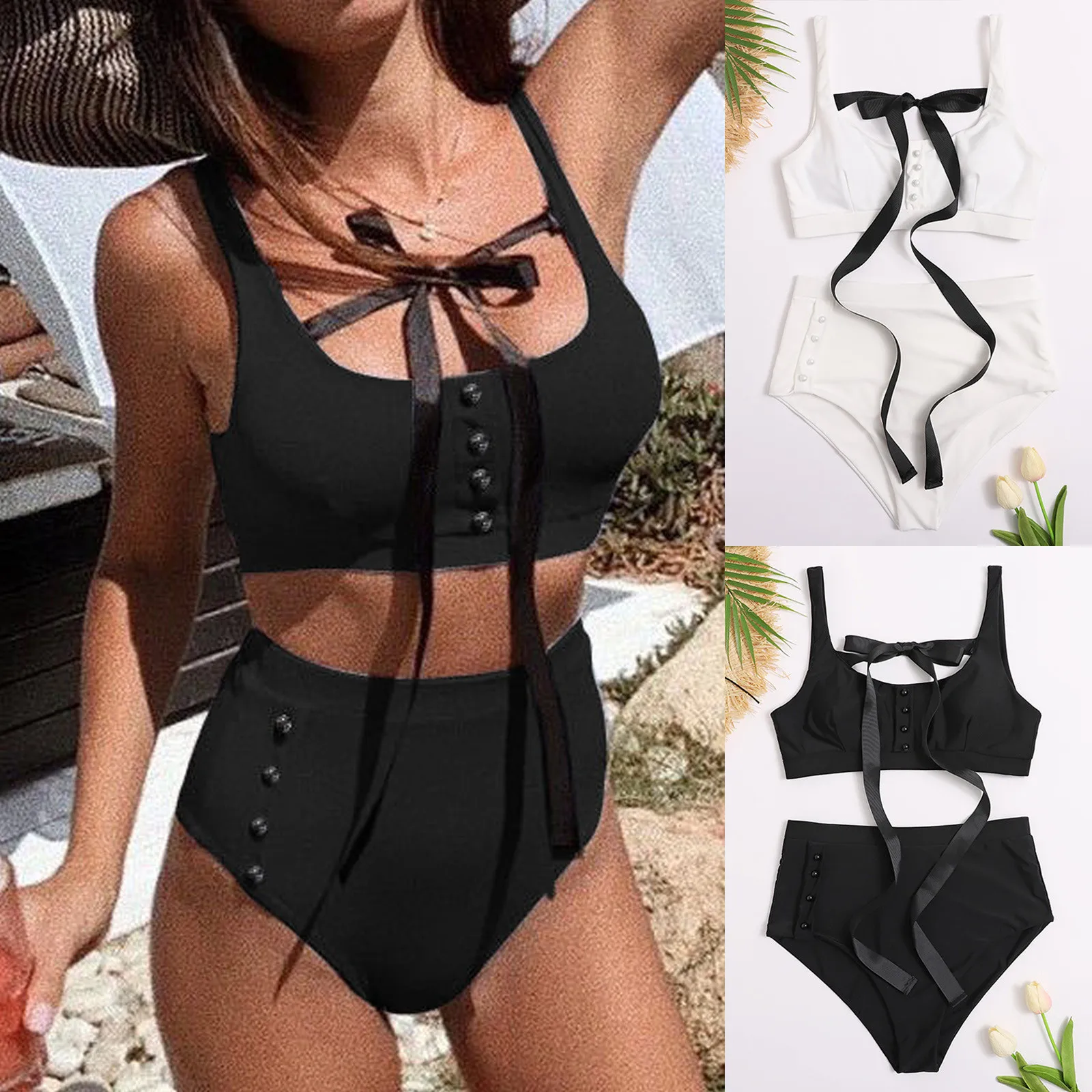 Купальники Для женщин сексуальные купальники пуговицы с бантами комплект из