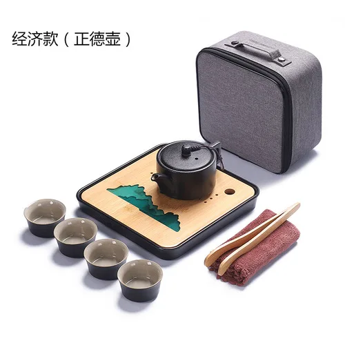 Чайный набор для путешествий, Портативная сумка, чайный набор кунг-фу, японский стиль, черная керамика, простой, на открытом воздухе, один горшок, четыре чашки, чайник, подарок - Цвет: B-9PCS