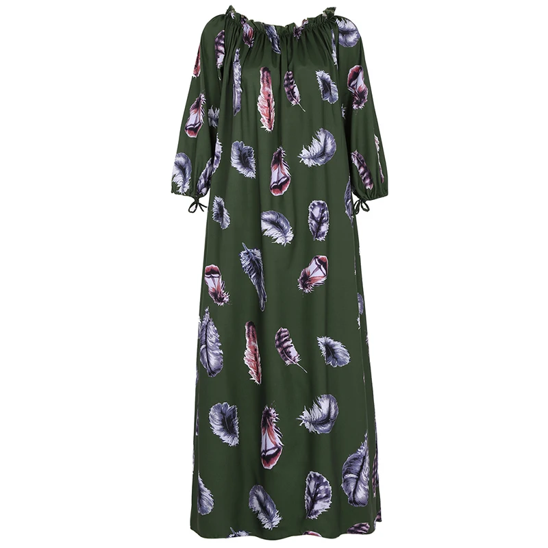 

Vicabo Slash Neck Casual Loose Dress Women Three Quarter Sleeve Summer Beach Loose Vestidos 5XL Feather Printed Dress