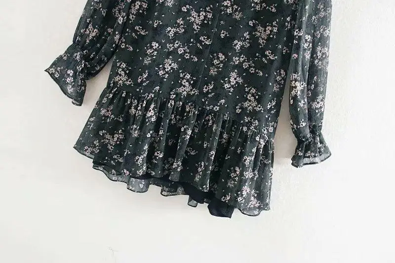 

Women Sweet Bow Tied V Neck Floral Print Hem Ruffles Mini Dress Elegant Ladies Long Sleeve Chiffon Vestidos Chic Dresses