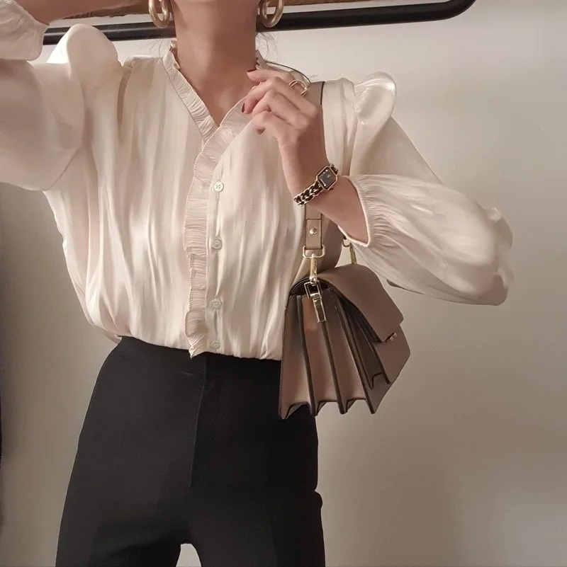 

Stand Collar Pullover Long Sleeve Blouse Women Work Style Ol White Slim Blusas Spring 2021 New Simple Shirt Feminino