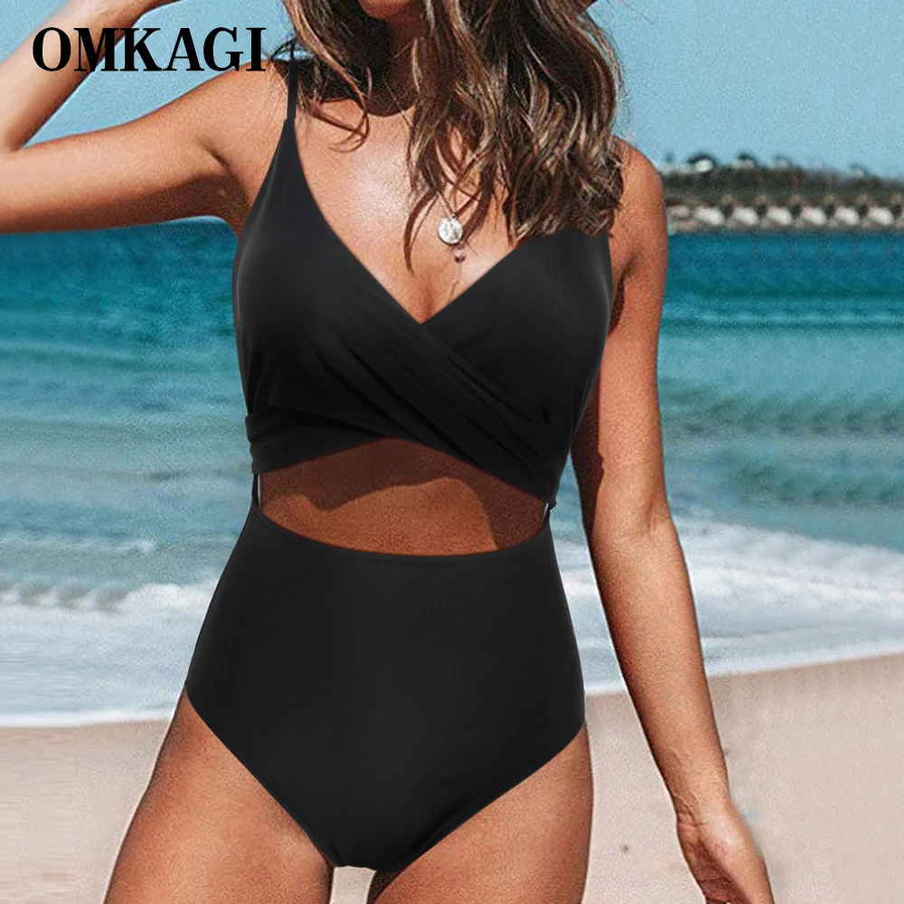 

OMKAGI One Pieces Leopard Swimsuit Swimwear Women Halter Female Femme Swimming Bathing Suit Beachwear Monokini Solid Swimsuit