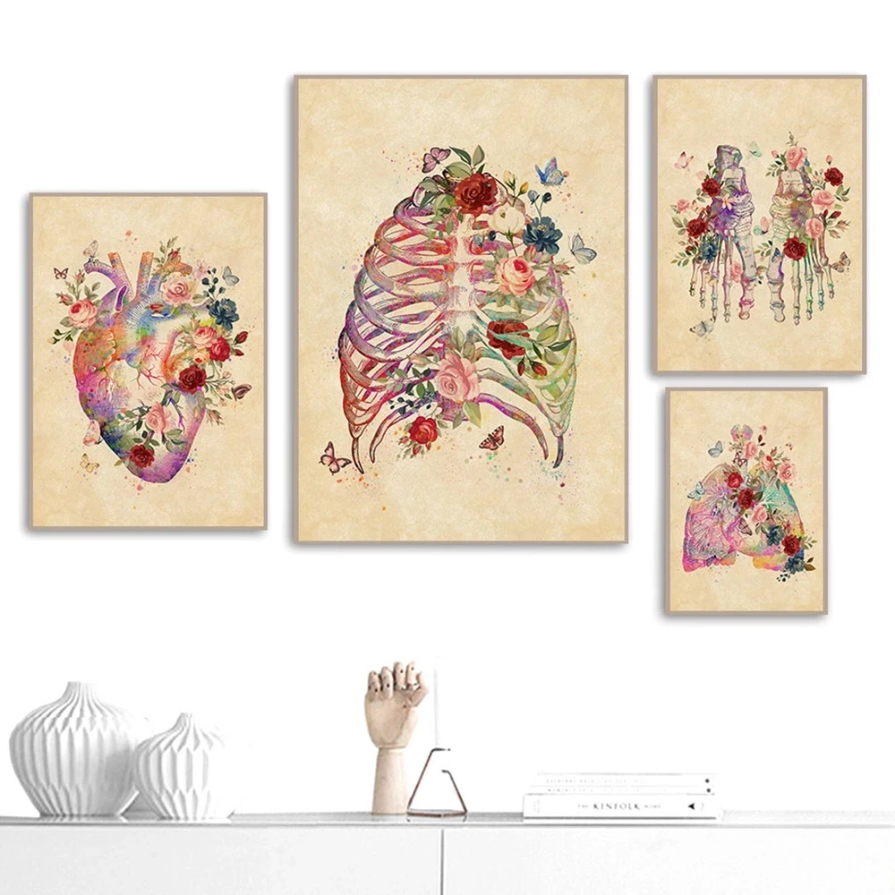 

Canvas Painting Nordic Style Poster Brain Heart Skull Flower Anatomy Vintage Modular Pictures Wall Artwork Home Decoration Print