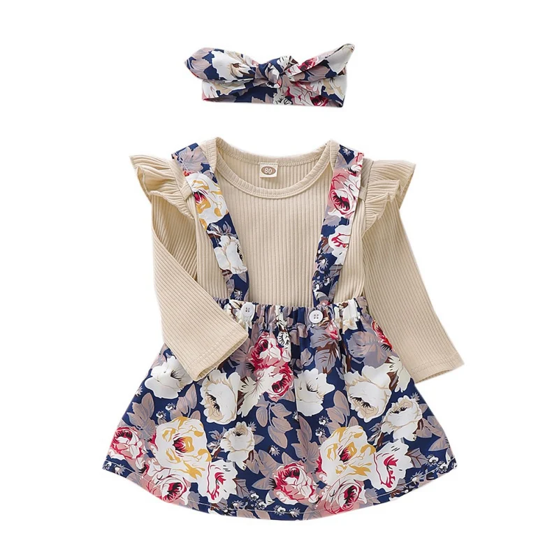 

FBaby Girl Clothes Set Long Flare Sleeve Romper Tops Floral Strap Skirt Headband Outfits Baby Clothes