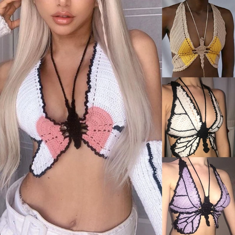 

Womens Summer Sexy Hollow Out Knit Camisole Deep V-Neck Halter Backless Crop Top Crochet Butterfly Bralette Beach Vest