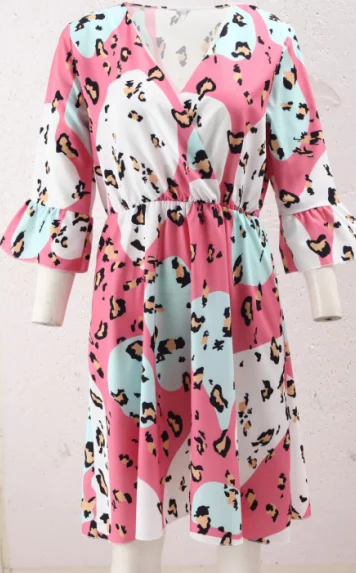 

Sexy Woman Summer Dresses 2021 Elegant Leopard Ruffle Chiffon V Neck Light Weight Dress Vintage Casual Dresses