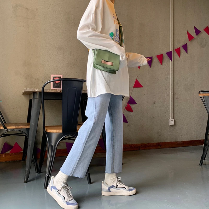 

Women's Jeans 2021 Spring New High Waist Denim Wide Leg Trouser Vintage Washed Y2K Baggy Blue Girl Student Straight Ninth Pants