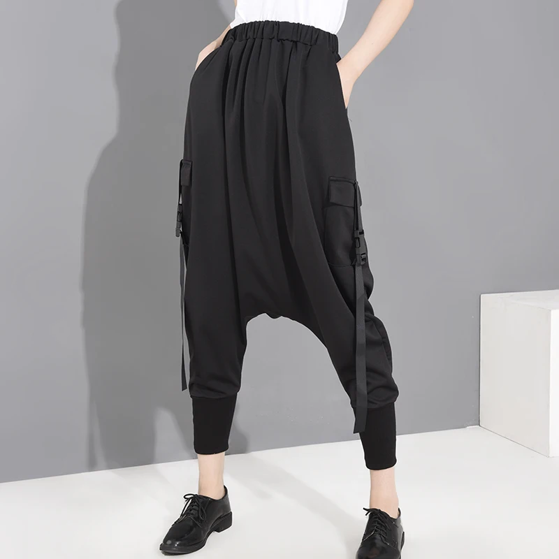 

[EAM] High Elastic Waist Black Ribbon Long Harem Trousers New Loose Fit Pants Women Fashion Tide Spring Autumn 2021 1S18601