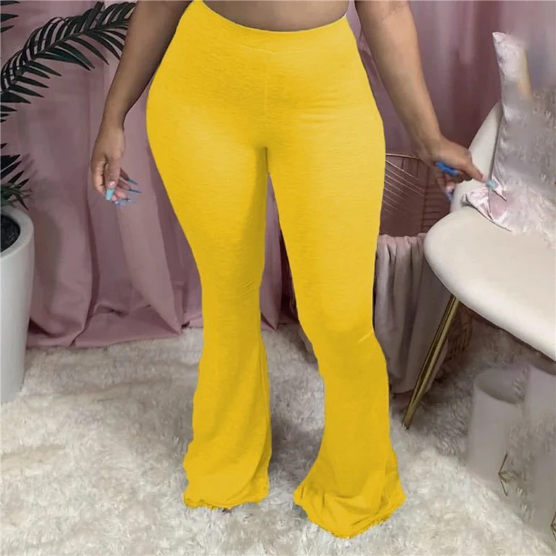 

Ladies Casual Solid Color Pants Ladies Quality Elastic Wide Leg Flare Pants Woman Slim High Waist Pants For Female Plus Size