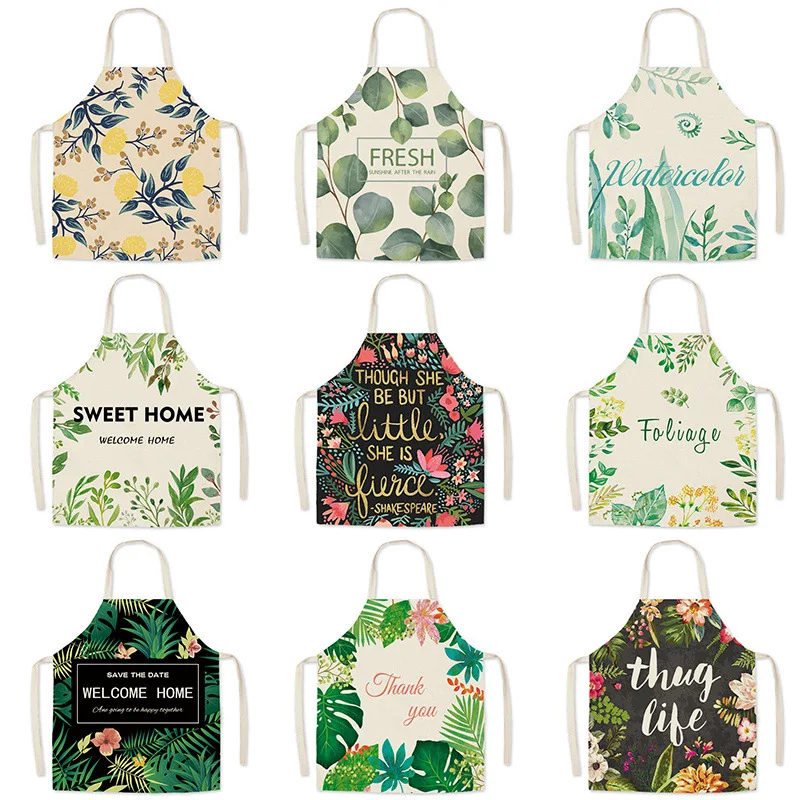

Pattern Kitchen Apron for Woman INS Leaves Sleeveless Cotton Linen Aprons Cooking Simplicity Home Cleaning Tools 65*75cm