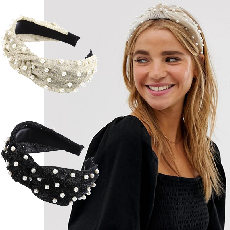 Повязка на голову женская с жемчужинами модный широкий ободок из матовой ткани