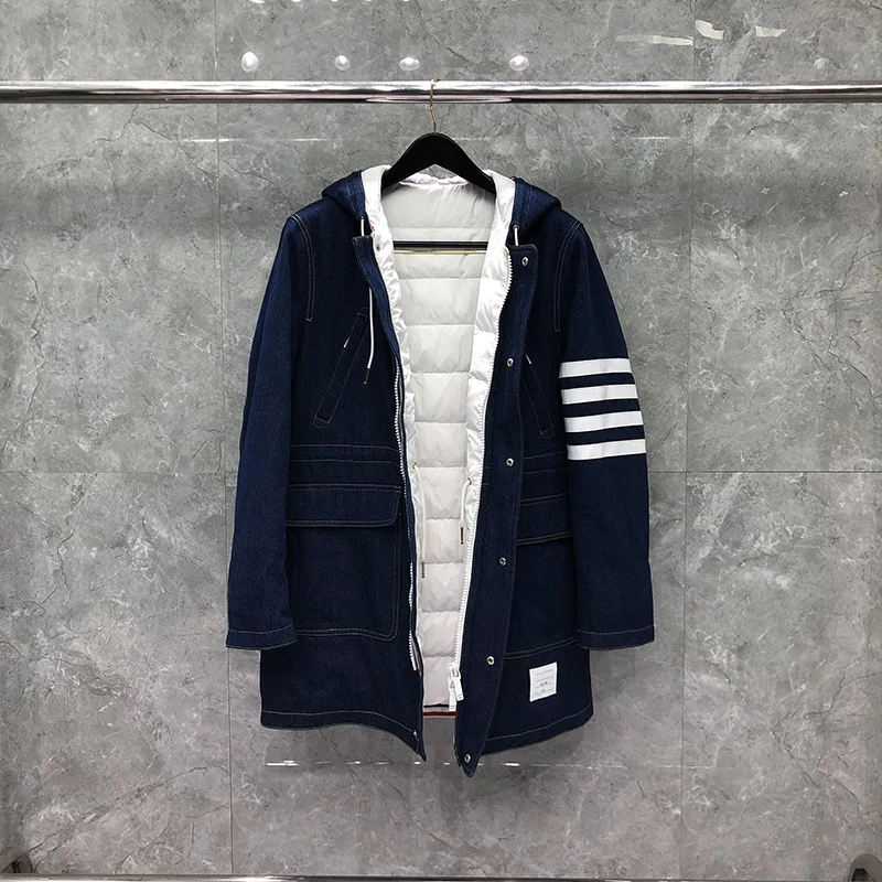 

2021 Winter Men Down Jacket Winter Coat TB Striped Denim Long Jacket Hooded New Design Zipper Warm Thicken Women Coat