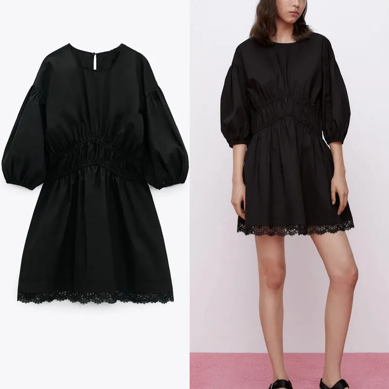 

Женское кружевное мини-платье Za, черное весеннее винтажное платье с пышными рукавами, круглым вырезом и эластичной талией, с открытой спино...