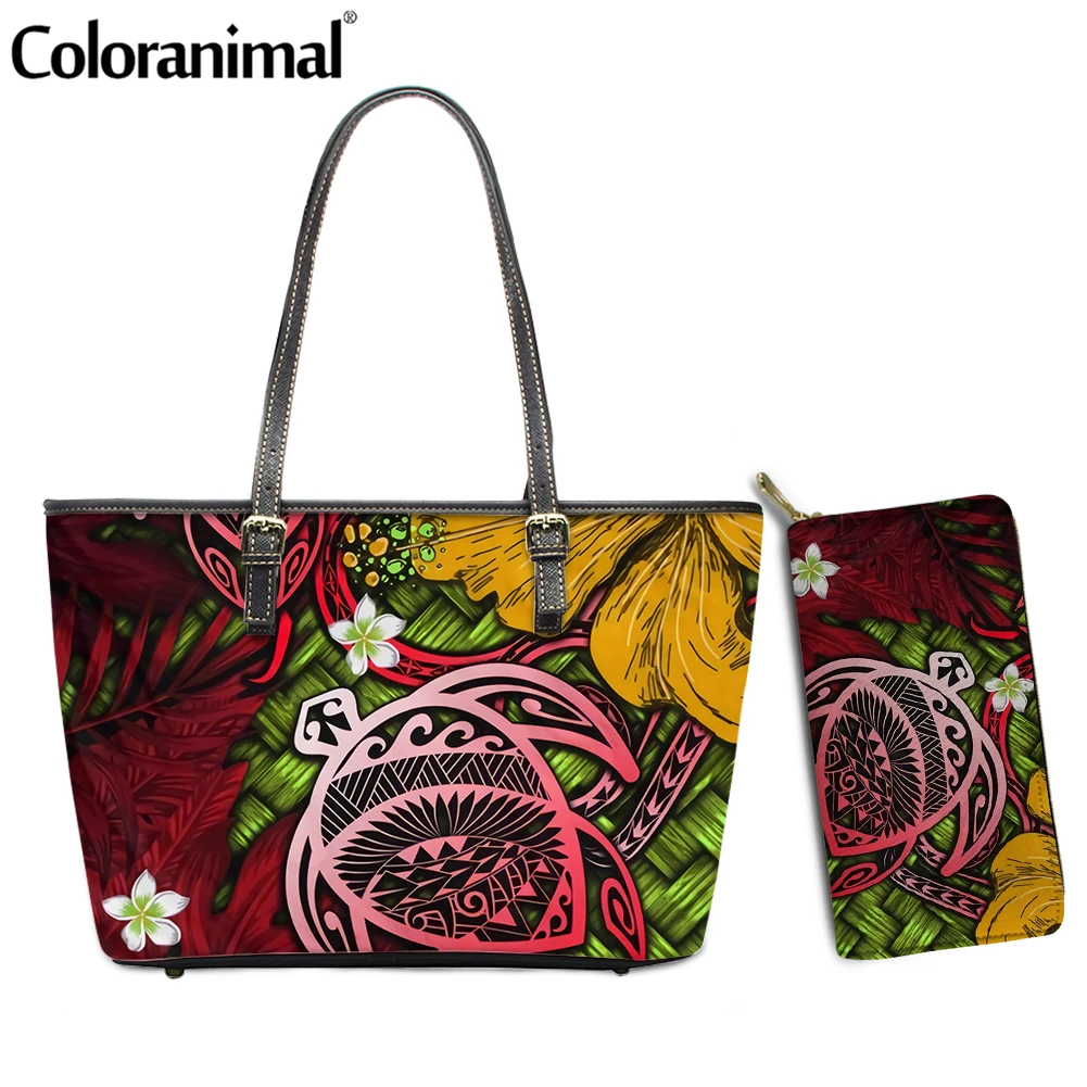 

Coloranimal New Fashion 2Pcs Handbag Set for Women Hawaii Lauhala Hibiscus Polynesian Tropical Prints Female Tote Shoulder Bag