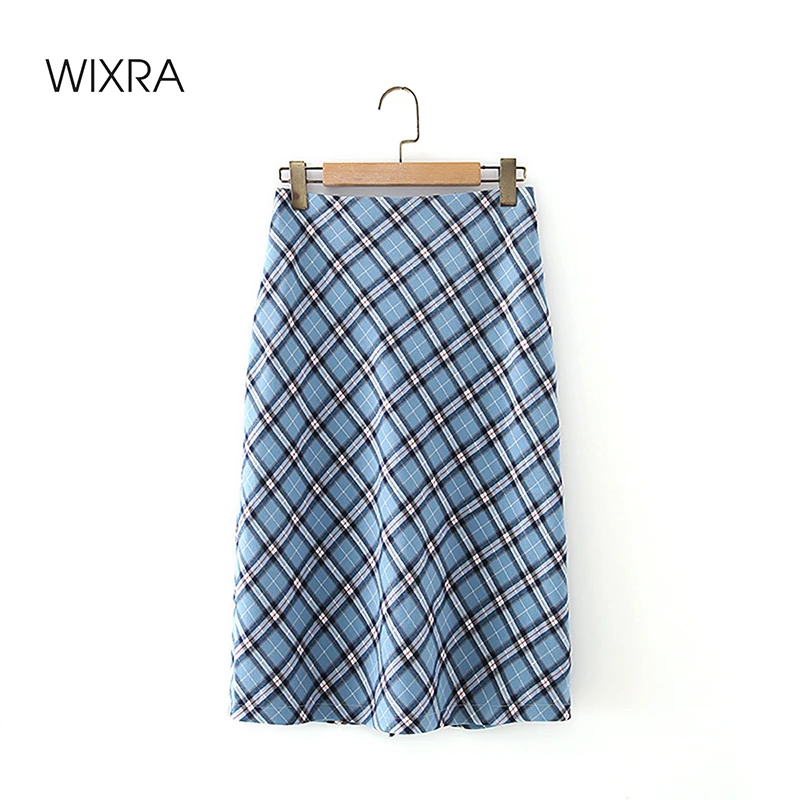 

Wixra 2021 Spring Summer Blue Plaid Skirts Female Pencil Elegant High Waist Knee-Length Bottoms For Lady