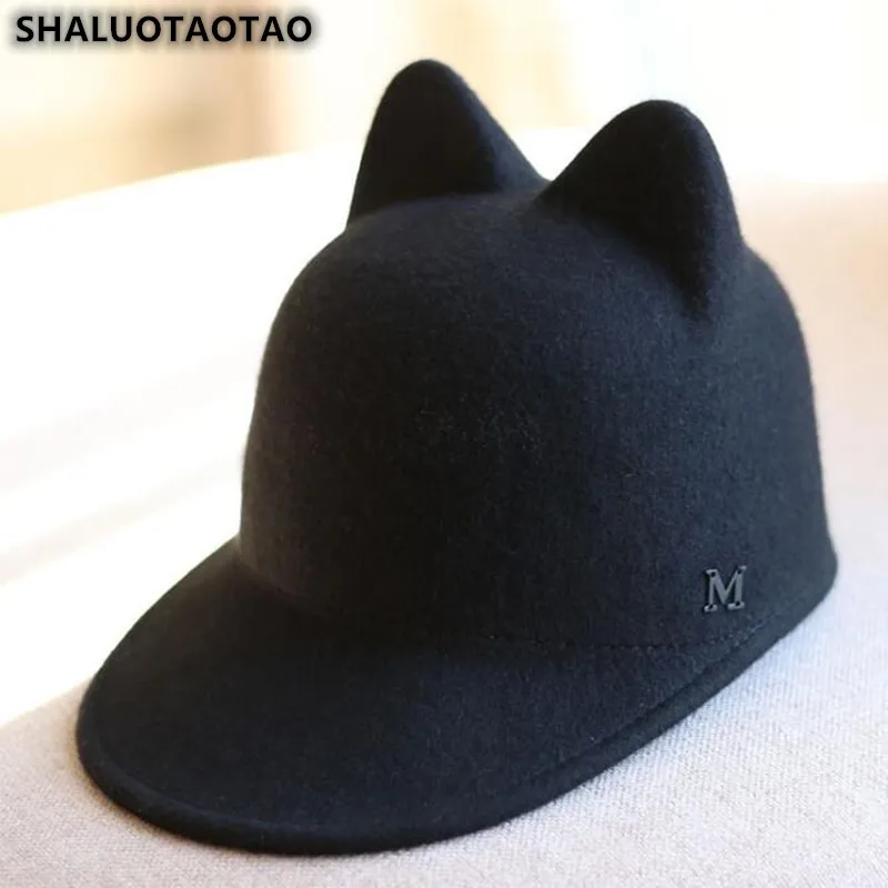 

SHALUOTAOTAO 100% шерстяная Бейсболка для женщин осень-зима модная Милая шапка с ушками для конного спорта трендовые женские брендовые бейсболки