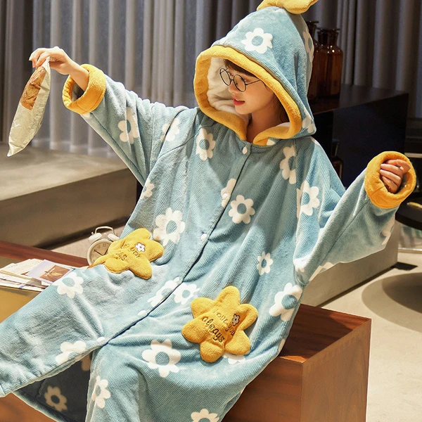 

New Winter Pajamas Women's Flannel Nightgown Women Thickened Plus Velvet Long Cute Spring and Autumn Bathrobes Home Service