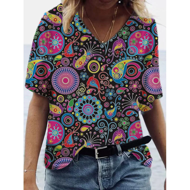 

2021 Summer Women Fashion Casual Clothers Lady Loose V-neck Tops Female Floral Printing Sleeve T-shirt