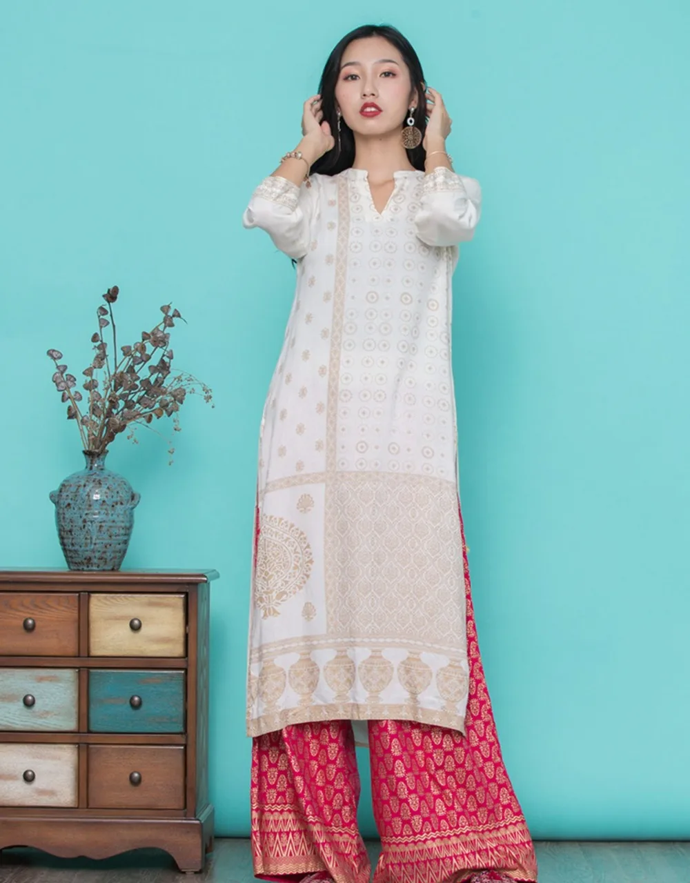 Новые женские модные комплекты в этническом стиле хлопок печати Индии Kurtas три четверти рукав длинный топ брюки