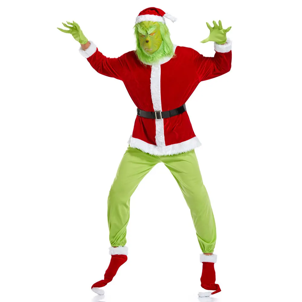 Adult Unisex Green Monster Cosplay Monster Santa Costume for Men Women Halloween Christmas Fancy Dress Outfit Full Set Plus Size