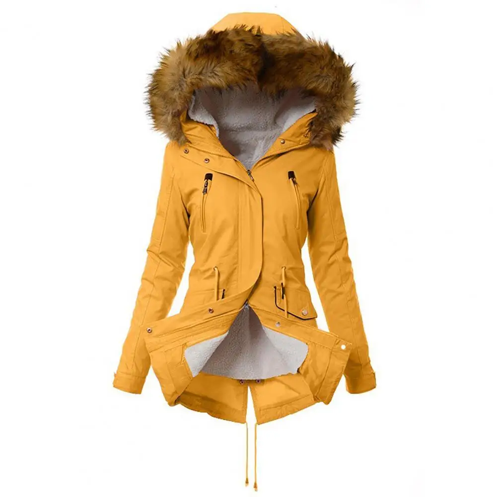 

Zipper Buttons Closure Long Sleeve Winter Women Coat Waist Drawstring Faux Fur Hooded Fleece Lined Cotton Coat Female Outwear
