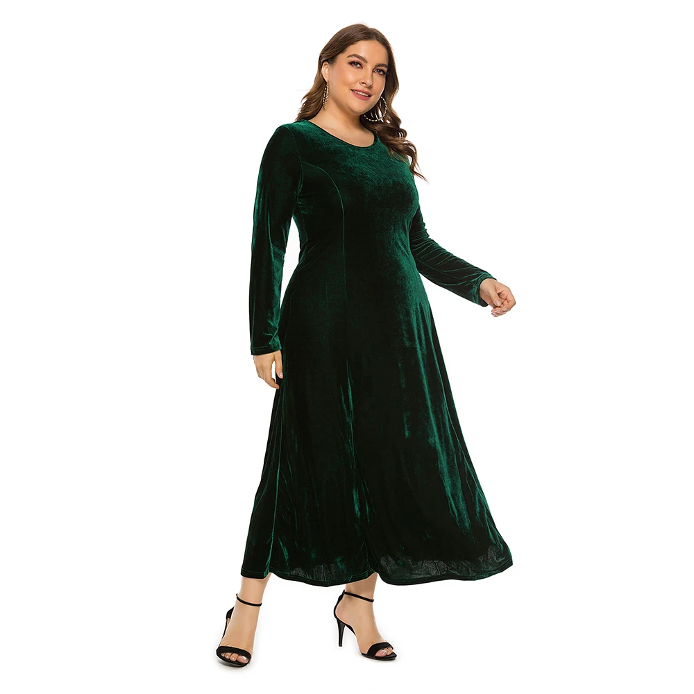 Осеннее бархатное платье с длинным рукавом для женщин круглым вырезом и длинными