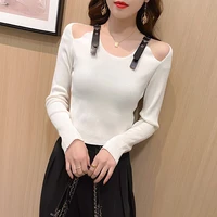 sweater mujer autumn winter sexy punk style bleather belt top solid o neck pullover women sweater knitted long sleeve pull femme