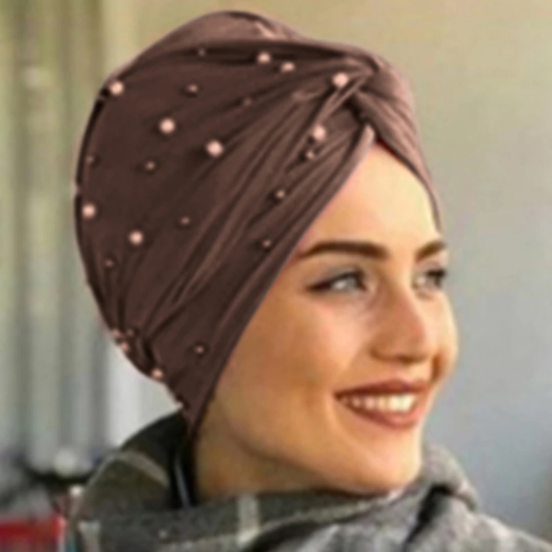 

2021 Spring Autumn Women Scarf Elegant Ladies Beanie Hat Muslim Women Turban Inner Hijabs Fashion Beads Decoration Hat One Size