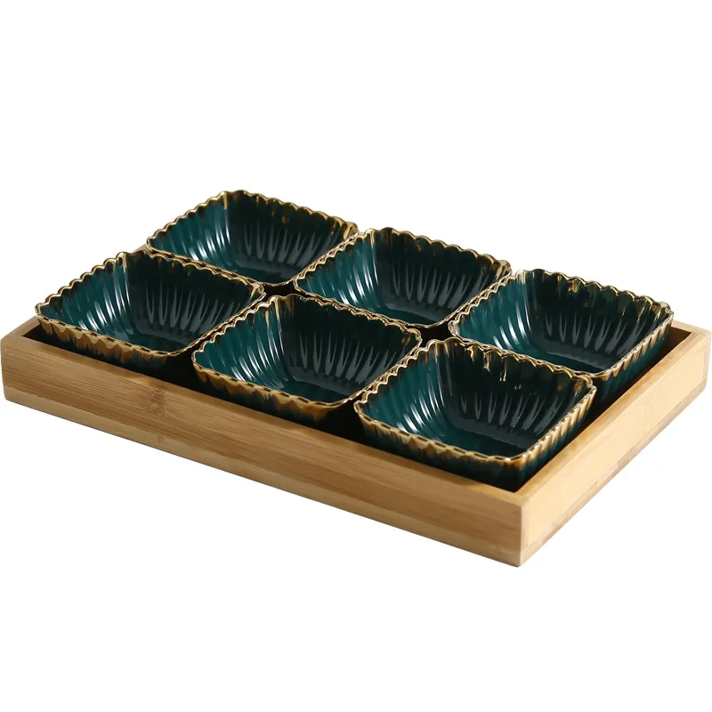 6 dish set Зеленое золото обода керамическая тарелка фруктов креативные кружки из фарфора закуски десерт тарелка Натуральный Бамбуковый сервировочный поднос держатель посуда - Цвет: 6 dish set