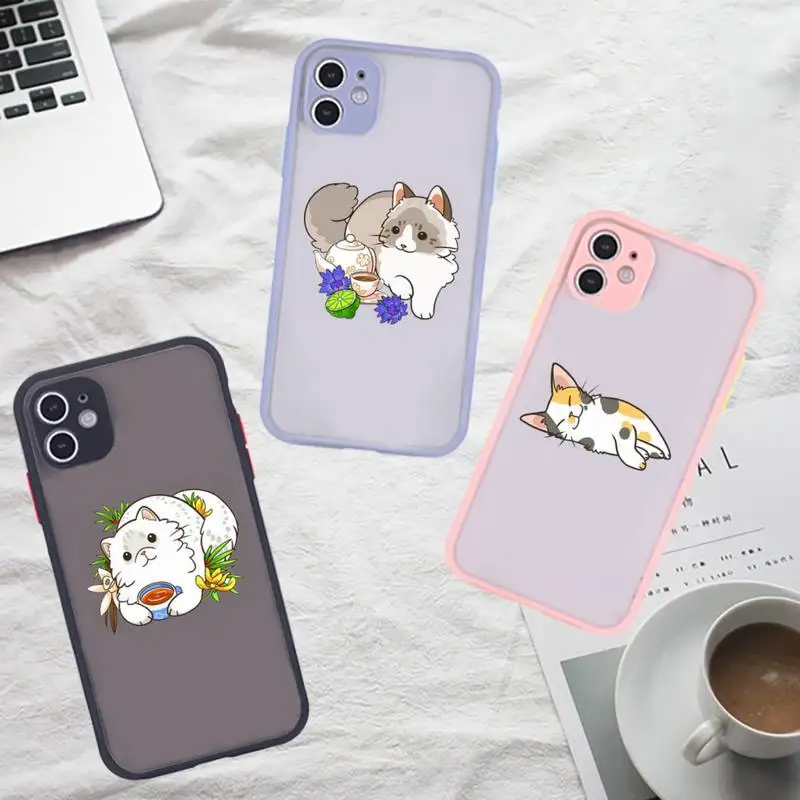 

Cute cartoon cat Phone Case For iPhone 12 11 Mini Pro XR XS Max 7 8 Plus X Matte transparent Gray Back Cover