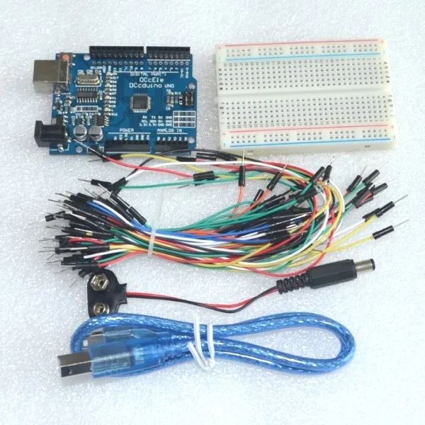 Стартовый набор для arduino Uno R3-комплект из 5 предметов: Uno R3, макетная плата, перемычки, usb-кабель и разъем для аккумулятора 9 в