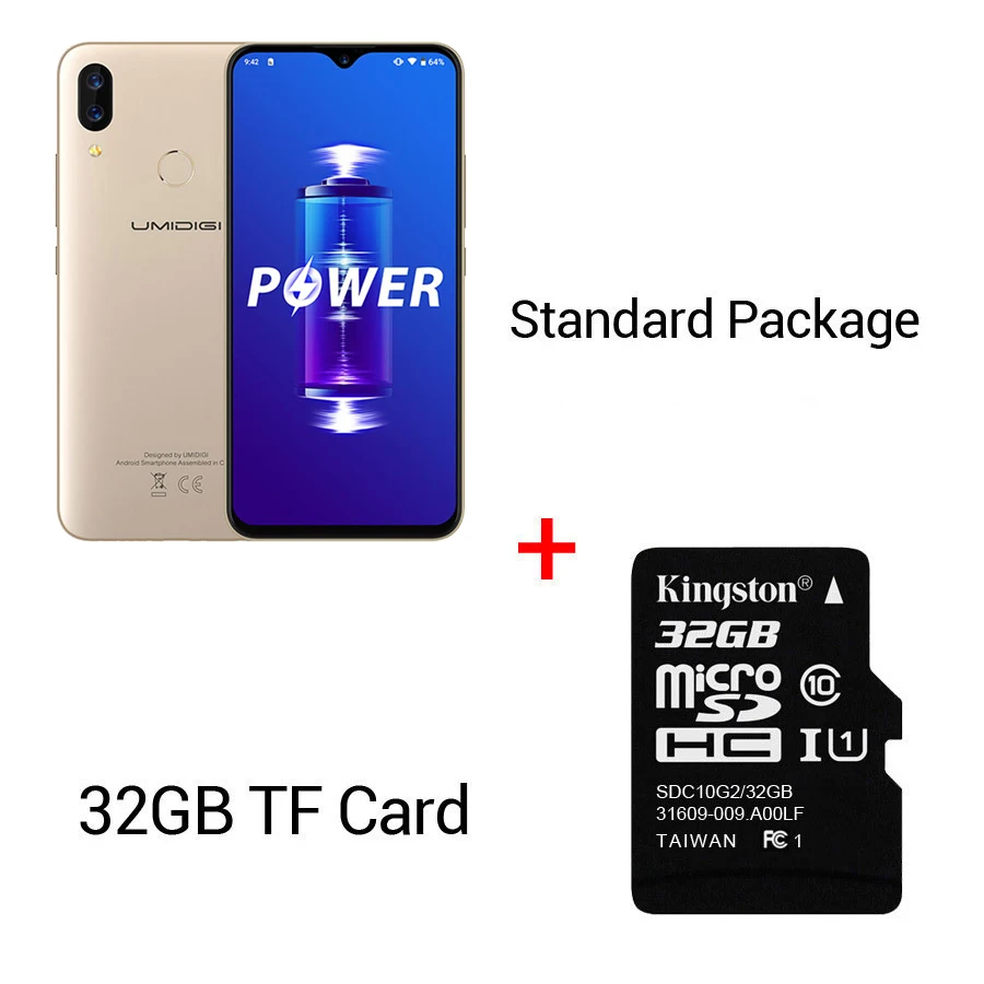 UMIDIGI power Android 9,0 5150 мАч большая батарея 18 Вт 6,3 'FHD+ экран капли воды 4 Гб+ 64 Гб Helio P35 глобальная версия смартфона 16 МП - Цвет: Gold n 32GTF Card